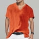 thumbnail image 2 of Camisas Para Hombre Camisetas de lino y algodón de manga corta para hombre, informales, de verano, con escote en V, para la playa, breves, transpirables, blusas (Red, 3XL), 2 of 3