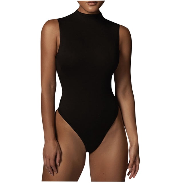 Penkiiy Justaucorps pour Femmes à Col Ras du Cou, Col Rond, Manches Courtes, Coupe Ajustée, Décontracté, Basique, Rallonge, Combinaison Quotidienne, T-Shirts, Noir, Gaine Ventre
