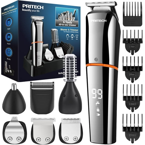 PRITECH Beard Trimmer for Men, 6 in 1 Hair Clippers Kit, Precision Cordless Grooming Kit Waterproof IPX6 for Beard, Hair, Body, Nose, Ear, with Foil Razor (Silver)