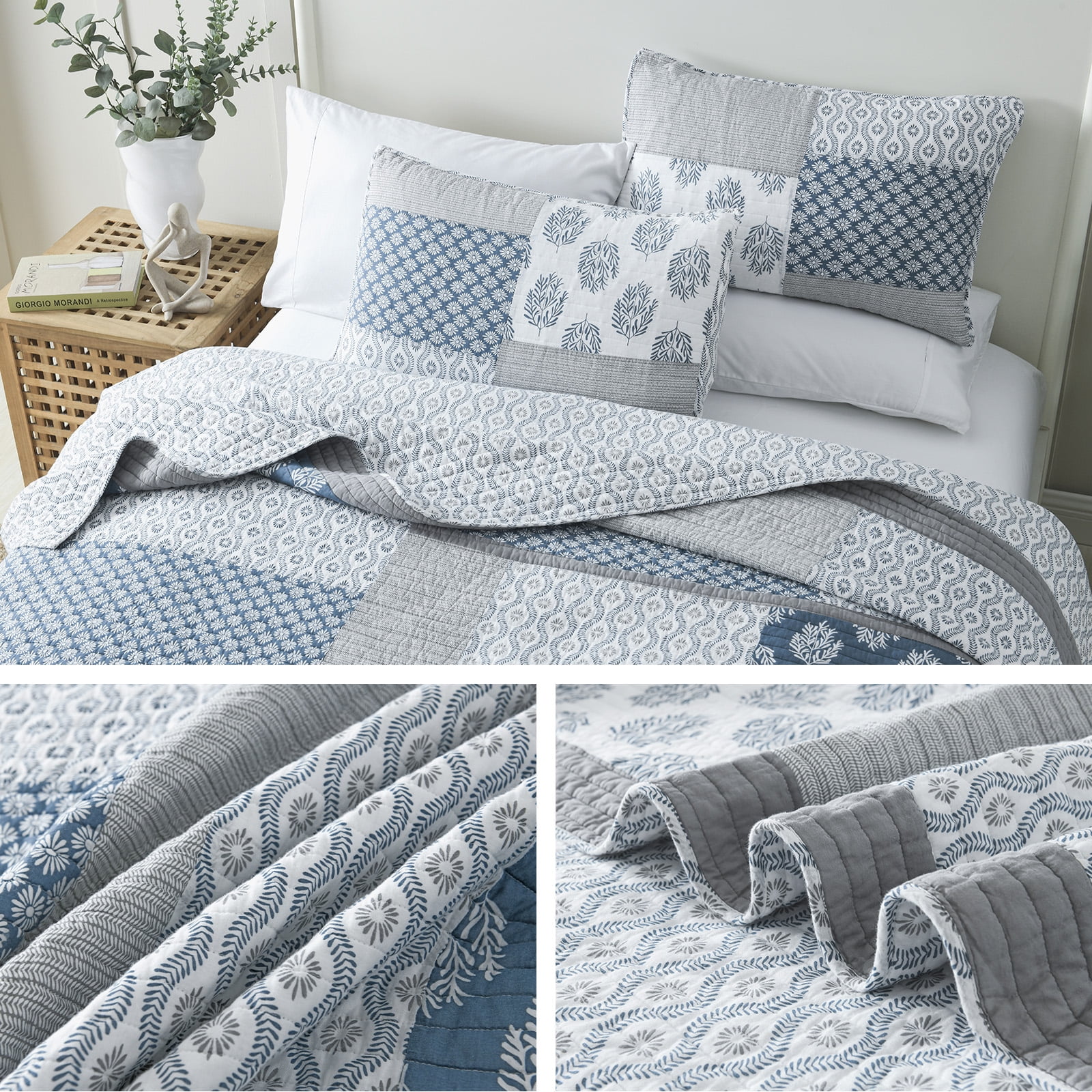SahSahCasa Quilt Set King Size - 100% Cotton Lightweight King Quilt, Patchwork Farmhouse Floral King Comforter Quilted Bedspread, Blue Grey White Reversible Quilt Bedding Set All Season, 3 Pieces