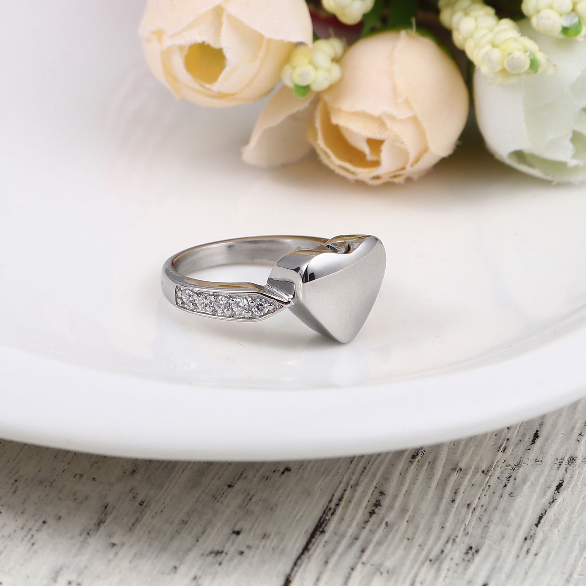 Heart Rhinestone Inlay Tiny Cremation Urn Ring Jewelry Stainless Steel Memorial Keepsake Ring Ashes Holder Waterproof Ash Ring Container with Free Funnel Kit and Velvet Jewelry Box - Size 6