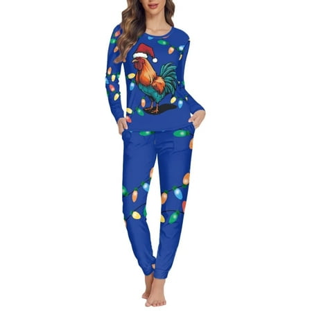 

FKELYI Blue Christmas Cock Pajamas 2 Pieces Colorful Lights Leisure Long Sleeve Pjs for Women Set Polyester Women Sleepwear Pajama Set Size 4XL