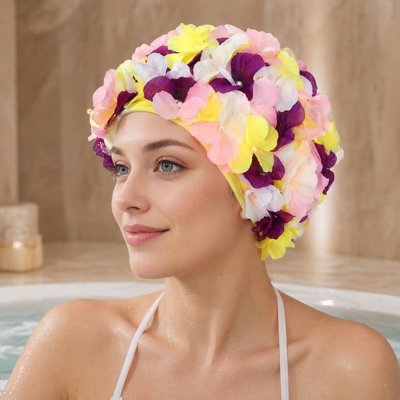 GOOHOCHY Flower Swim Cap for Women in Assorted Color Nylon Material for Comfortable Swimming Use Size L