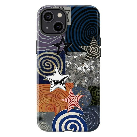 Retro Spiral Star Collage Phone Case, Trippy Psychedelic Patchwork Aesthetic Protective Cover for iPhone 16 15 14 13 12 11 Pro Max Plus Mini