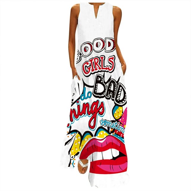 PENGXIANG Robes Sexy pour Soirée Club Robe Imprimée Sans Manches Col en V Fendue Kaftan Ample Longue Robe