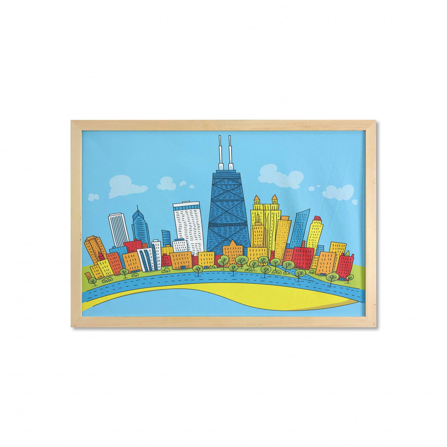 Chicago Skyline Wall Art with Frame, Cartoon Style City View with Colorful  Buildings Caricature, Printed Fabric Poster for Bathroom Living Room Dorms,  35