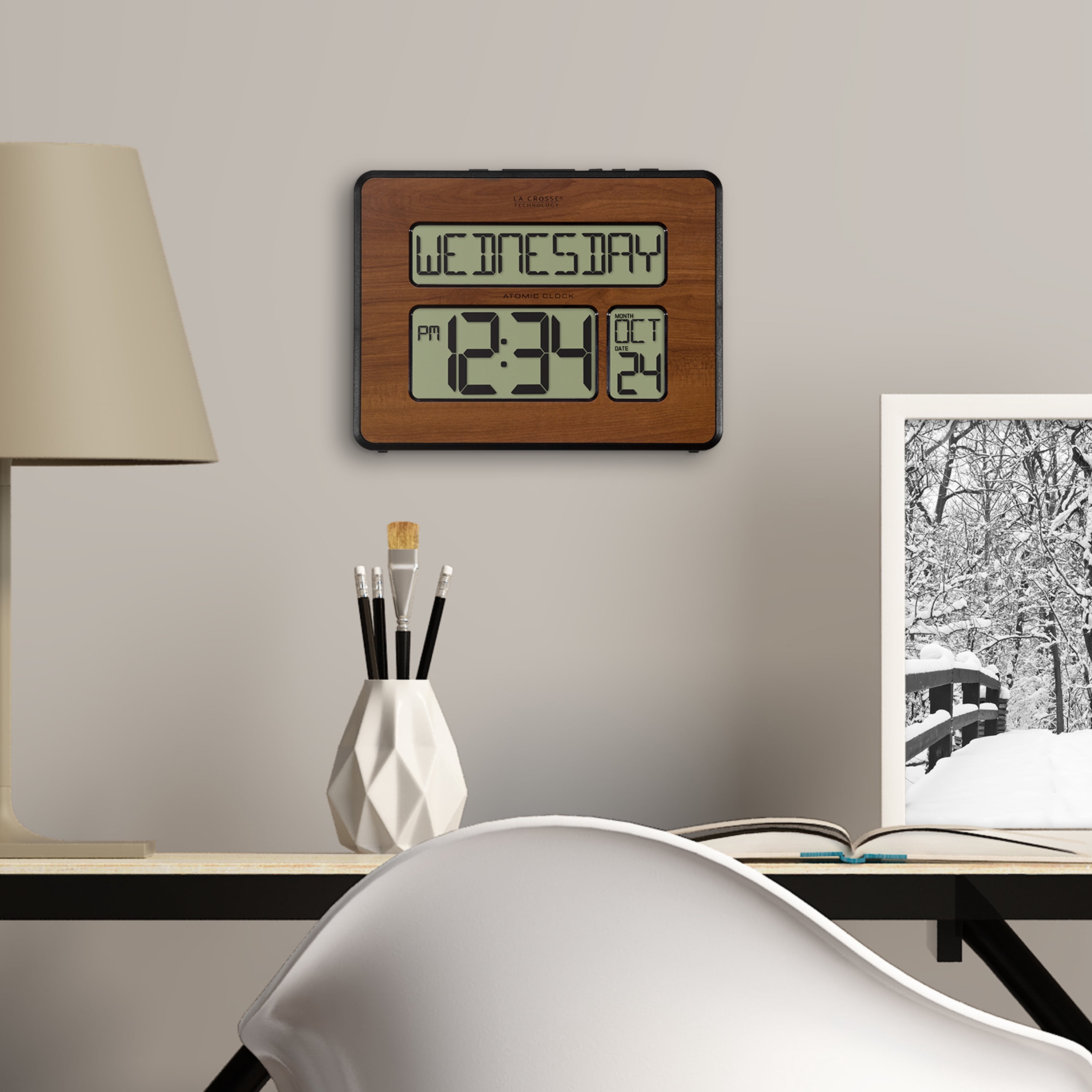 La Crosse Technology Atomic Calendar Backlight Digital Clock with Large Digits, Walnut, 513-1419BL-WA