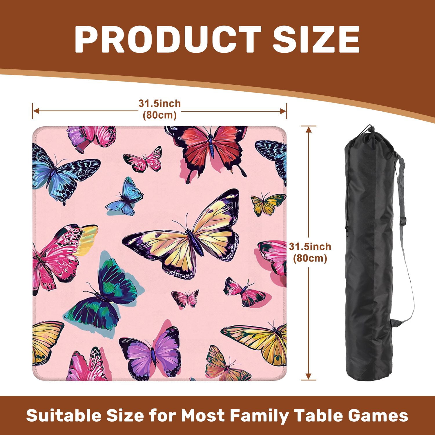 Mahjong Mat 31.5" x 31.5" Seamless butterflies Non-Slip Noise Reduction American Mahjong Tiles Table Cover for Dominoes Poker Card Board Games Gift