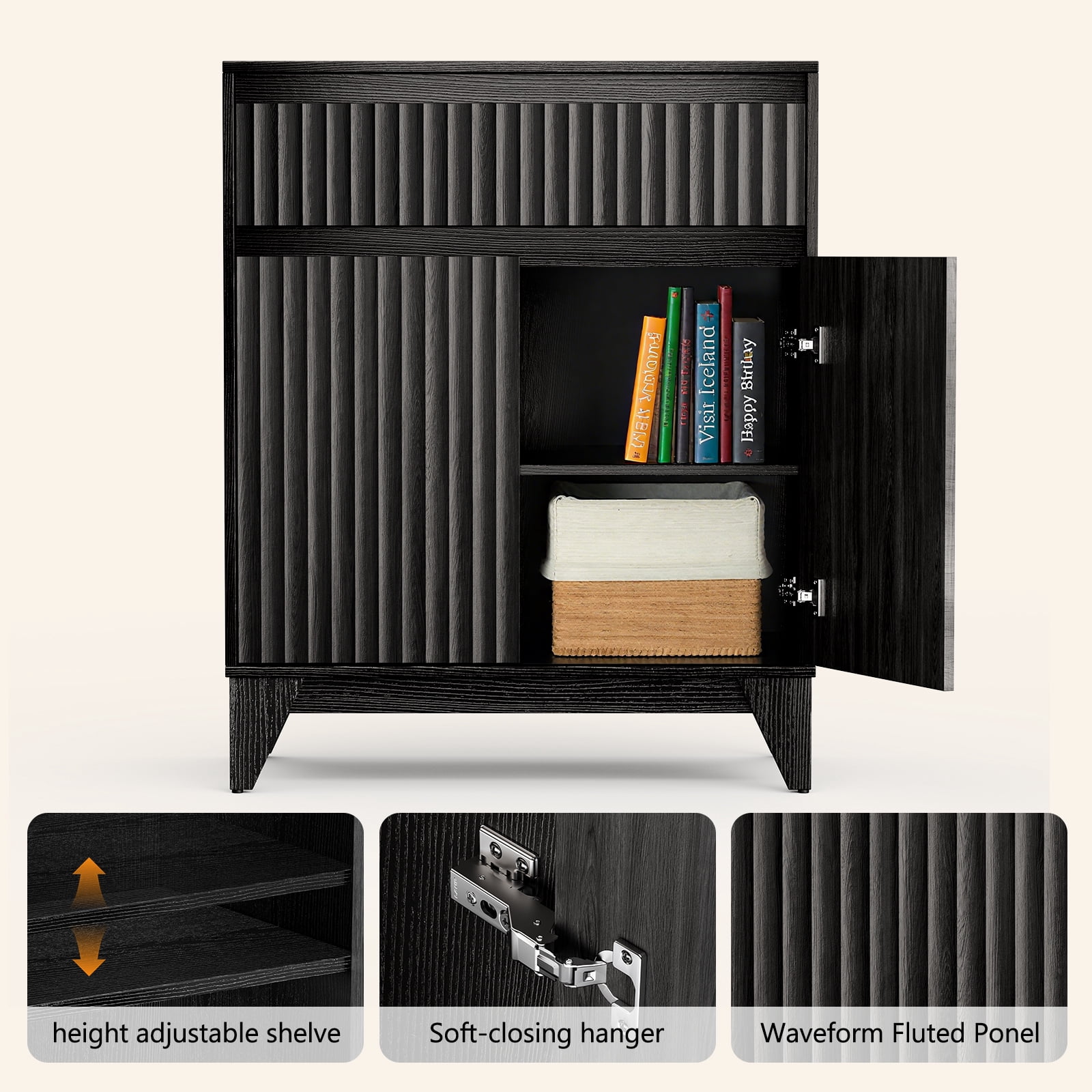 UPGO 38" Tall 2 - Door Accent Cabinet With Adjustable Shelf, Waveform Fluted Panel