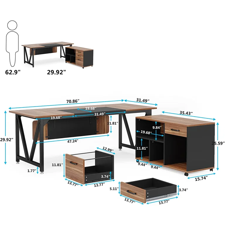 Tribesigns 70.8 Large Executive Desk with 43 File Cabinet, L Shaped Home  Office Business Furniture with Storage Shelves, Brown 