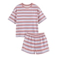 thumbnail image 4 of Cagogo Women Plus Size 2 Piece Shorts Set Striped Casual Summer Outfits Loose Round Neck Short Sleeve Tshirt Shorts Matching Lounge Sets Tracksuits Travel Airport Clothes, Pink 3XL, 4 of 9