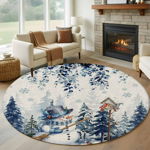 Blue Eucalyptus Christmas Round Rug 5ft Washable Circle Kitchen Rugs Non Slip Snowman Snowflake Xmas Tree Rustic Large Area Rug Indoor Floor Carpet for Bedroom Living Room Office Dining Room Nursery