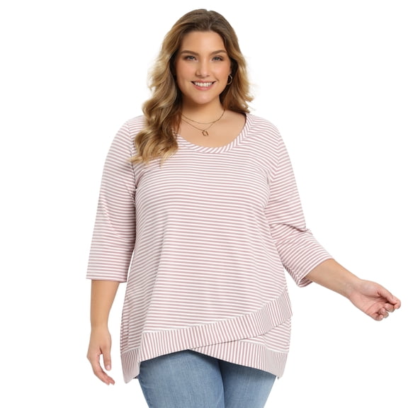 Women's Plus 3/4 Sleeve Striped Loose Casual Tunic Top Scoop Neck High Low Hem Blouse 1X Pink