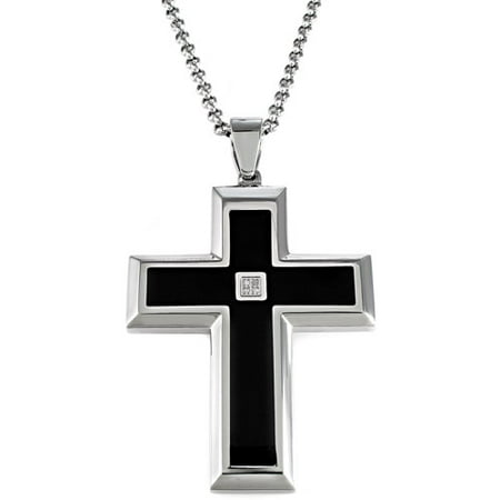 Men's Black & White Stainless Steel Diamond Accent Cross with 24 Rolo Chain - Mens Pendant