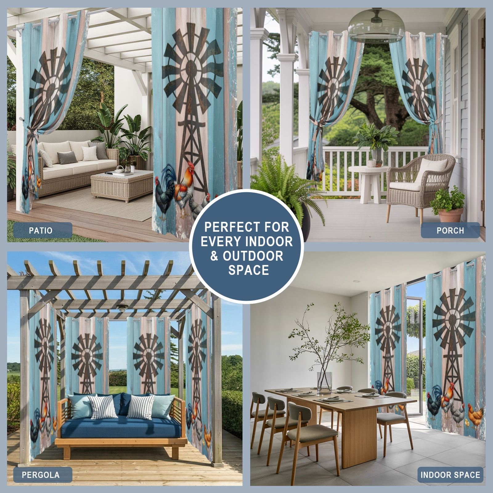 Rooster Hen Outdoor Curtains for Patio, Rustic Windmill Farmhouse Animal Wood Striped Country Sunshade Privacy Drapes Grommet Waterproof Outside Curtains for Porch/Cabana/Balcony 54"x 108", 1 Panel