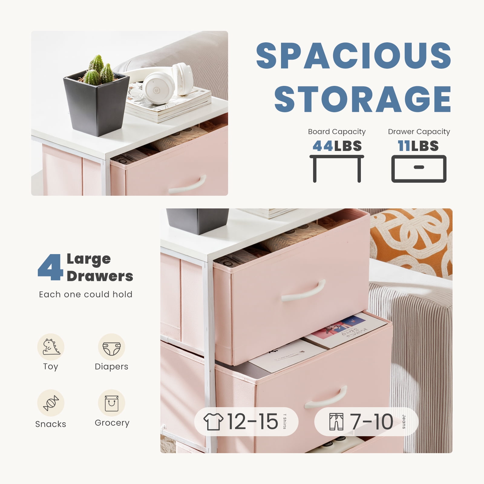 SWEETCRISPY Fabric Dresser With 4 Drawers, Storage Chest For Bedroom, Closet, Living Room, Hallway - Available In Pink