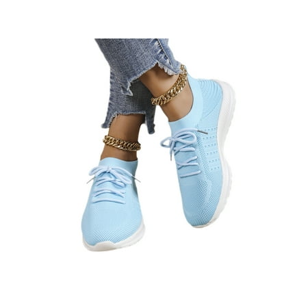 

Woobling Women Breathable Flats Low Top Sock Sneaker Travel Comfortable Lace Up Walking Shoes Blue 9