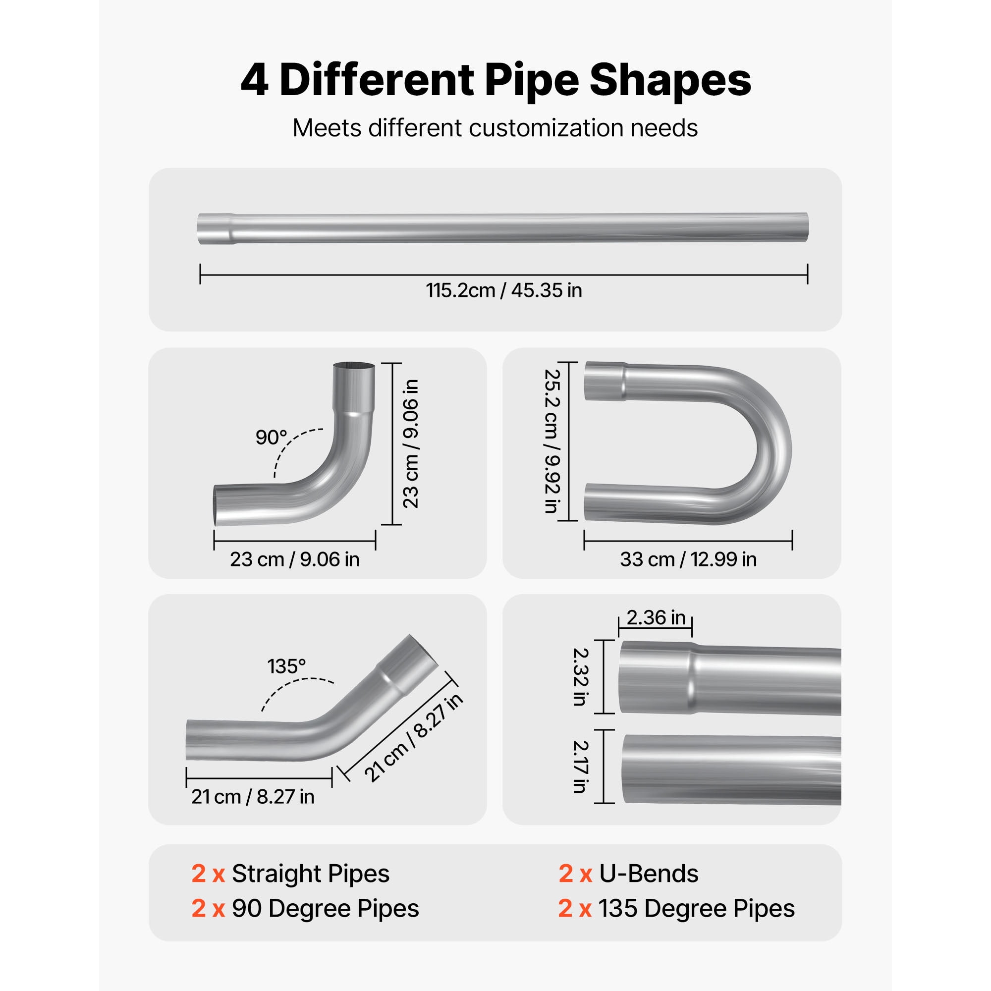 KFFKFF Exhaust Pipe Kit, 8 Pieces 2.25 Inch Mild Steel DIY Custom Tubing with Straight & U-Bend Pipes, 90 & 135 Degree Angles, Galvanized Finish, Compatible with Trucks, Sedans, Sports Cars, SUVs