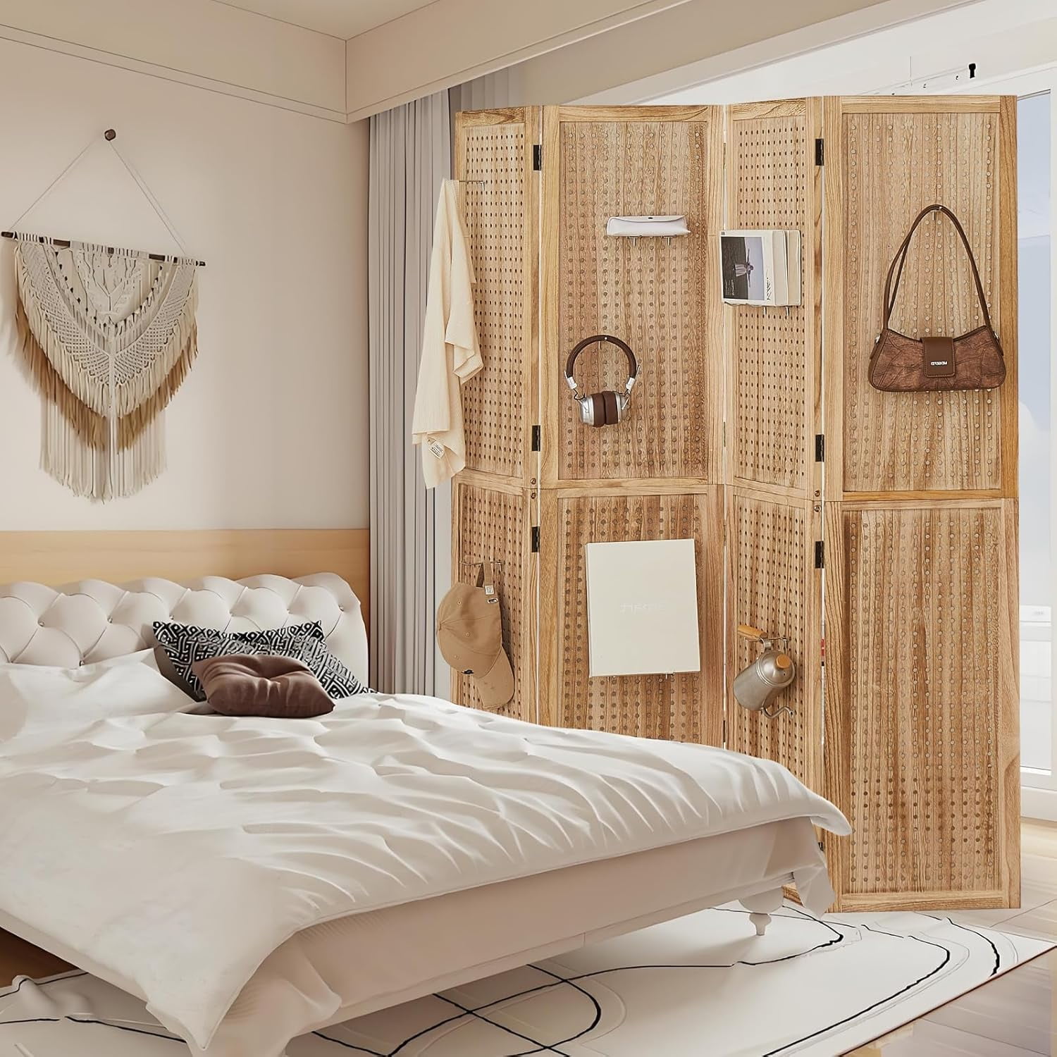 4 Panel Wooden Room Dividers, 5.6FT High Plug-in Folding Screen Made of Natural Wood, Pegboard Display for Bedroom and Shopping Malls and Jewelry Stores, Light Brown