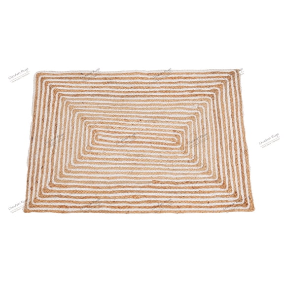 Rectangle Rug Natural Jute Rug Hand Braided Beige and White Color Scalloped Area Rug