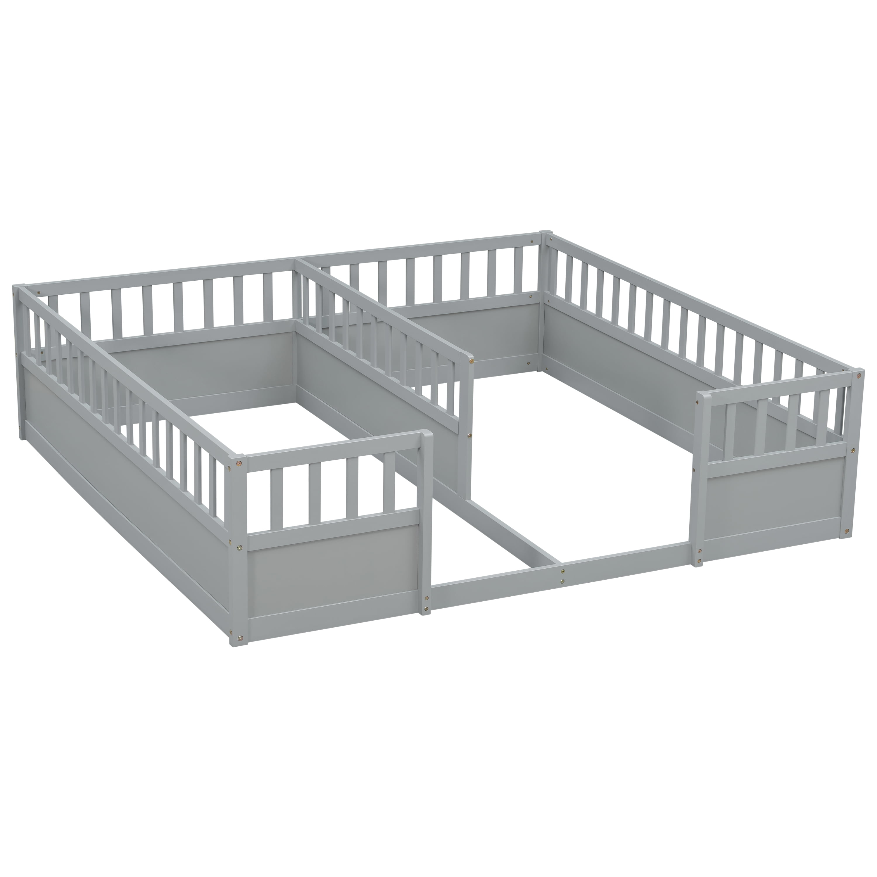 Double Twin Floor Bed 81.2 Inch, Pine Wood Bed Frame with Semi Enclosed Guardrails for Two Kids, Grey