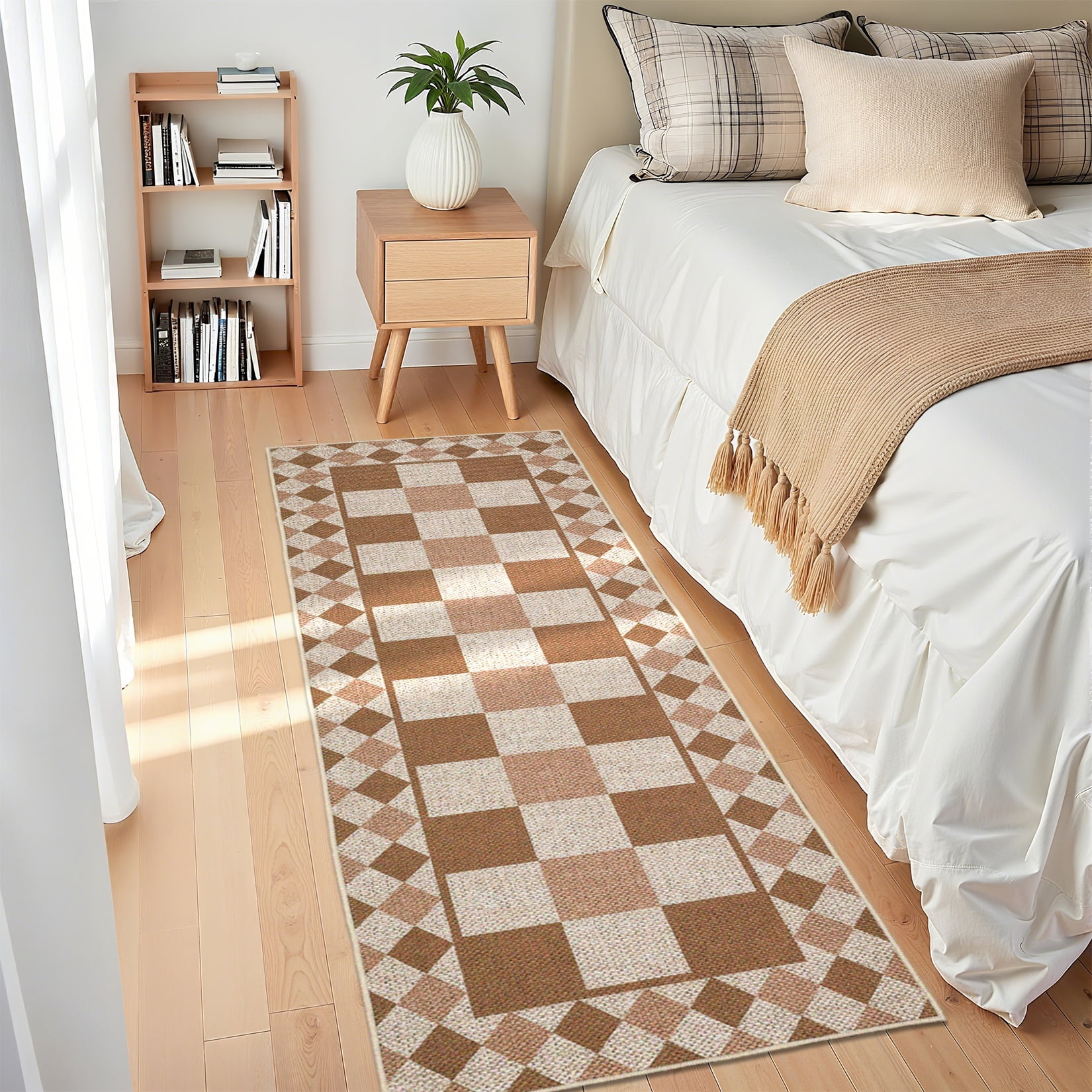 Modern Runner Rug for Hallway 2x6 Checkered Easy Jute Rug with Non-Slip Backing, Stain-Resistant Kitchen Runner, Washable Geometric Indoor Outdoor Rug for Laundry Entryway, Brown