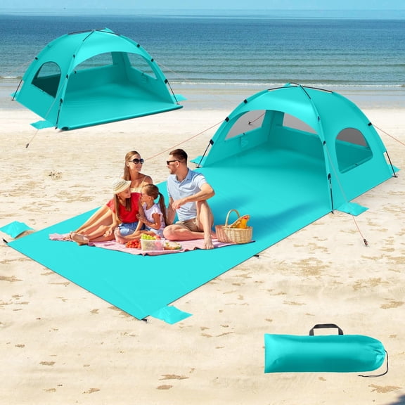 Beach Tent Sun Shelter with Extended Sand Mat for 3/4/6/8/10 Person,114x82inch” Mat,UPF 50 Protection,Portable Easy Setup Beach Shade Canopy for Beach,Camping, Green