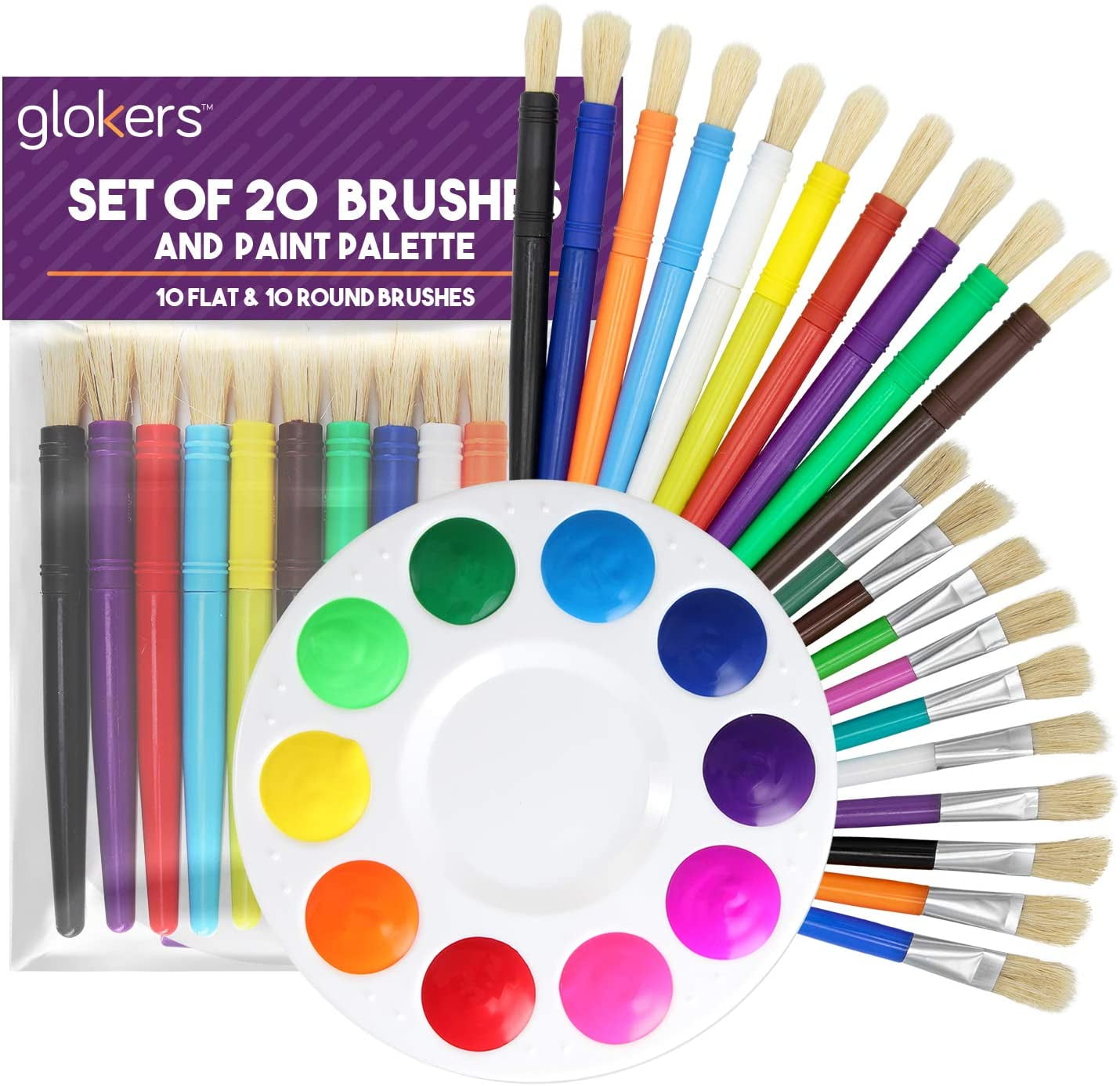 glokers Complete Set of 30 Paint Brushes with 6 Non-Toxic Washable Kids Paint 