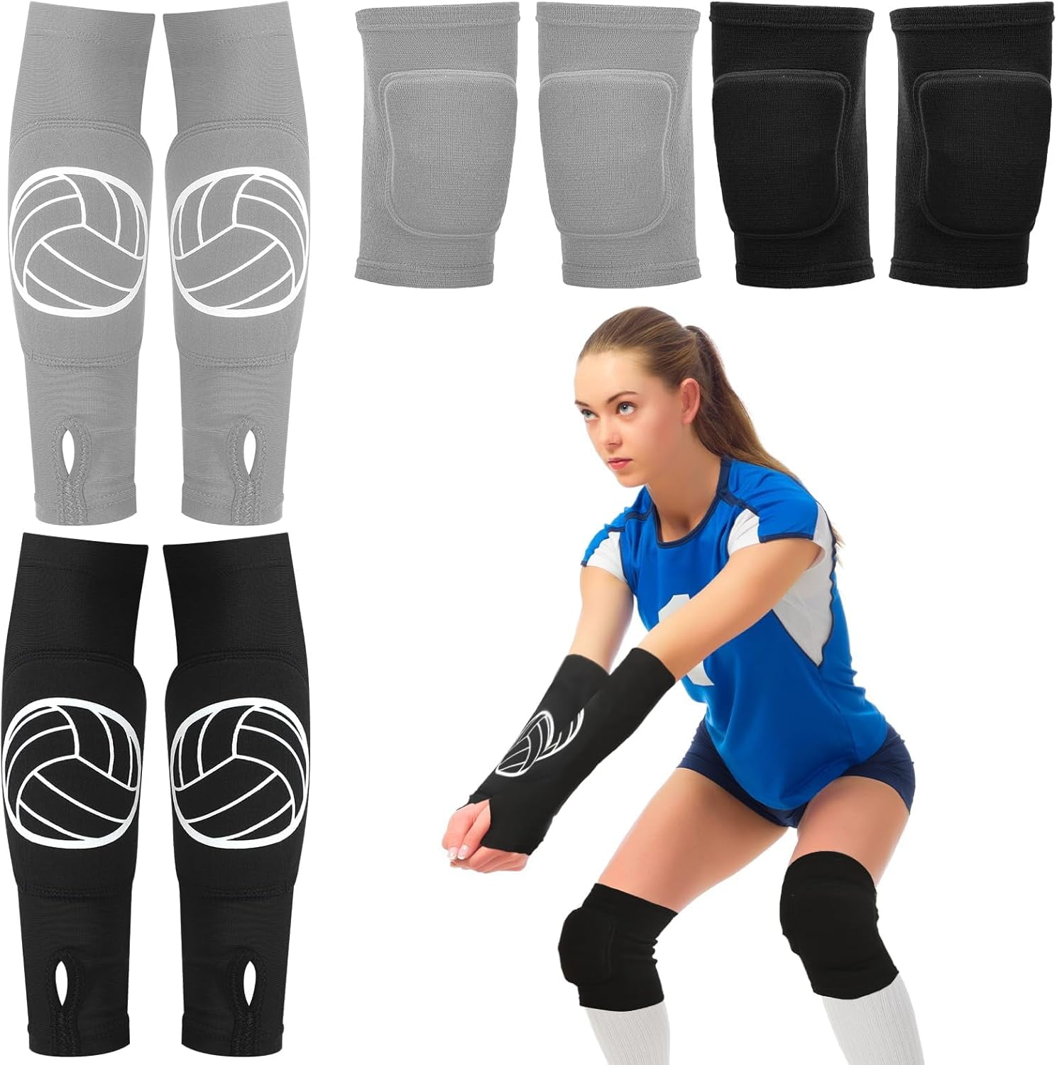 BURIBURI 2 Set Volleyball Knee Pads and Volleyball Arm Sleeves with Protection Pad Compression Forearm Wrist Guard with Thumb Hole Soft Breathable for Hitting Passing