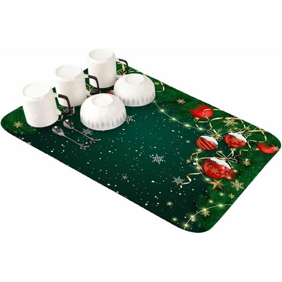 Christmas Snowflakes Green Dish Drying Mat for Kitchen Counter, Absorbent Quick Dry Coffee Bar Mat Pad Thin Diatomaceous Sink Mat, Winter Xmas Balls Pine Branches Non Slip Dish Drainer Mat 16x24