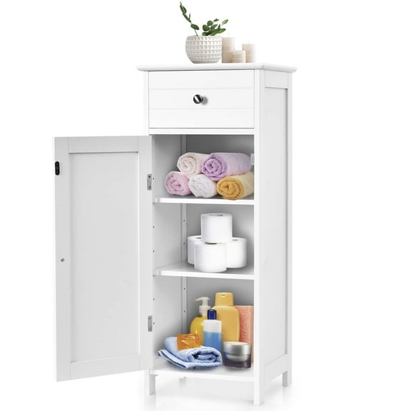Modern Bathroom Floor Cabinet with Drawer, Multi-Level Adjustable Shelves Storage Unit, Space Saving Organizer for Living Room Bedroom, White
