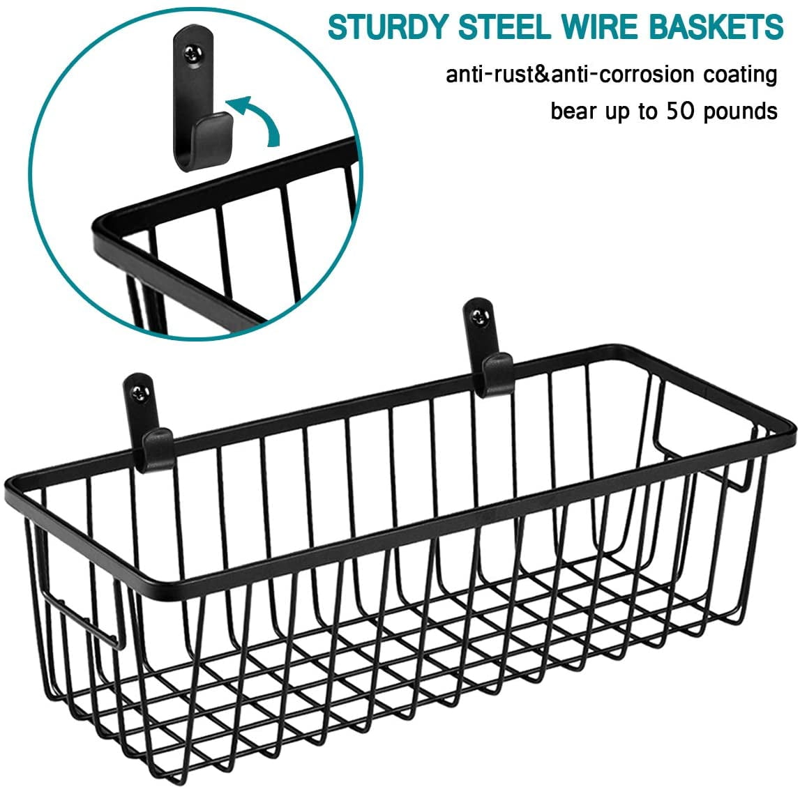 Farmhouse Decor Metal Wire Bathroom Storage Organizer Basket Bins - for Cabinets, Shelves, Closets, Vanity Countertops, Under Sinks, Pantry, Laundry Room, Garage - Small, 2 Pack (Black)