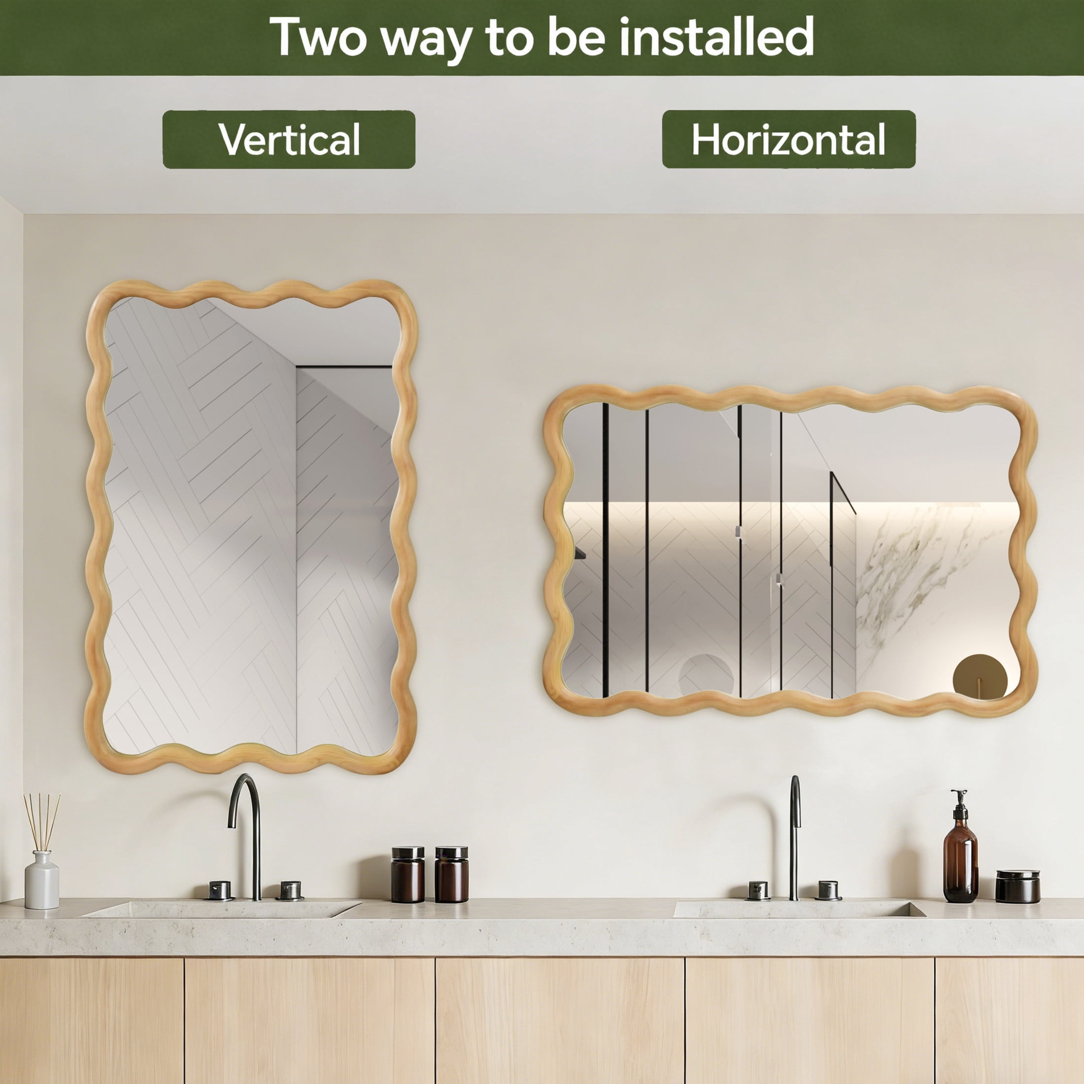 Noble House 20"x30" Wavy Rectangle Wall Mirror, Solid Wood Frame Decorative Accent Mirror for Entryway/Bathroom, Oak
