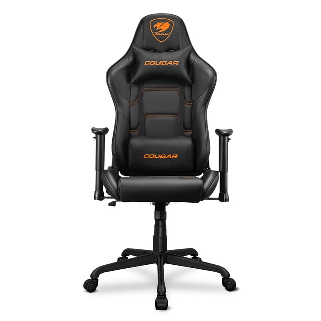 Cougar Armor Elite black gaming chair in premium PVC leather featuring reclining backrest up to 160º, 2D adjustable armrests, tilt mechanism, and ergonomic head and lumbar pillows.