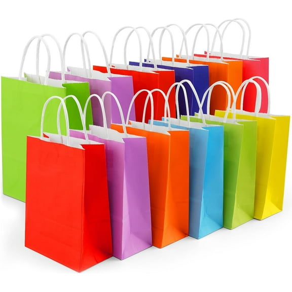 24 Pcs Gift Bags With Handles, 8 Colors Kraft Paper Treat Bags for Christmas, Kids Birthday, Party Supplies, Baby Shower, 8.3x6x3.2 inch
