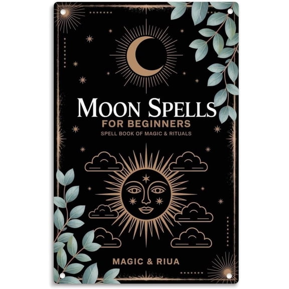 Moon Spells Sun and Moon Magic Tin Sign, Vintage Celestial Boho Metal Wall Art for Room, Bathroom, Bar, Cafe, Garage, Garden Decor, 8 x 12 Inch, 1 Piece