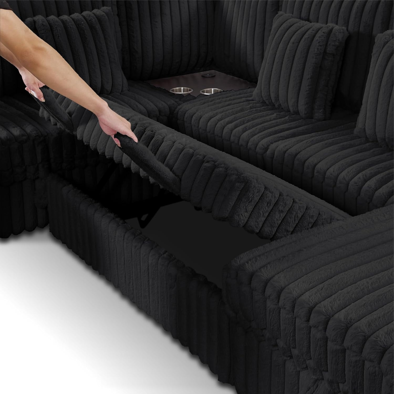 Howcool Modular Sectional Sleeper Sofa with Pull-Out Bed, U-Shaped Convertible 7-Seat Cloud Couch with Storage Chaise & USB Port Corner Coffee Table, Plush Corduroy Sectional for Living Room, Black