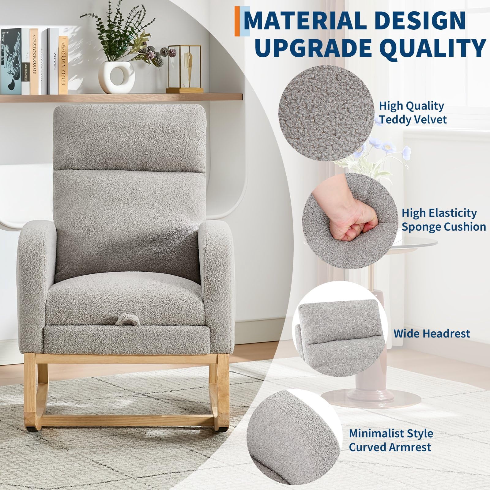 Kicctian Teddy Upholstered Rocking Chair with Extendable Footrest, Wooden Leg Rocking Armchair with Storage Side Pocket, Nursery Accent Seating for Living Room, Bedroom,Gray