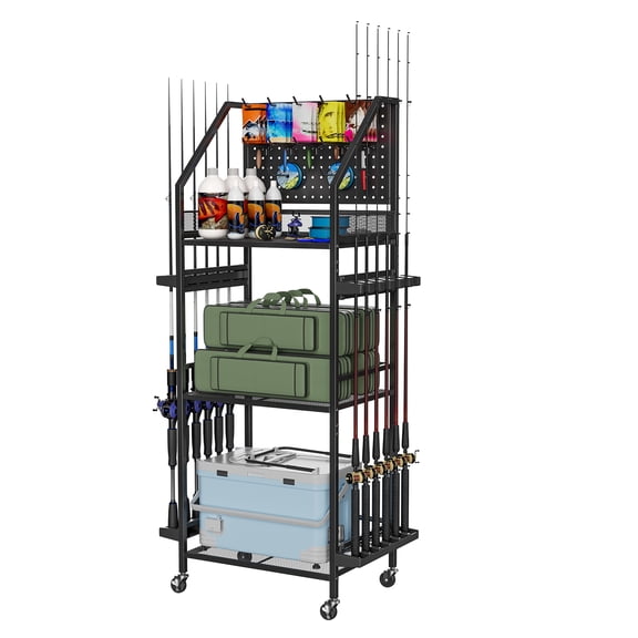 Garage Fishing Rod Holder with Pegboard Hooks, Rolling Fishing Cart with 12 Rod Capacity and 3-Tier Storage