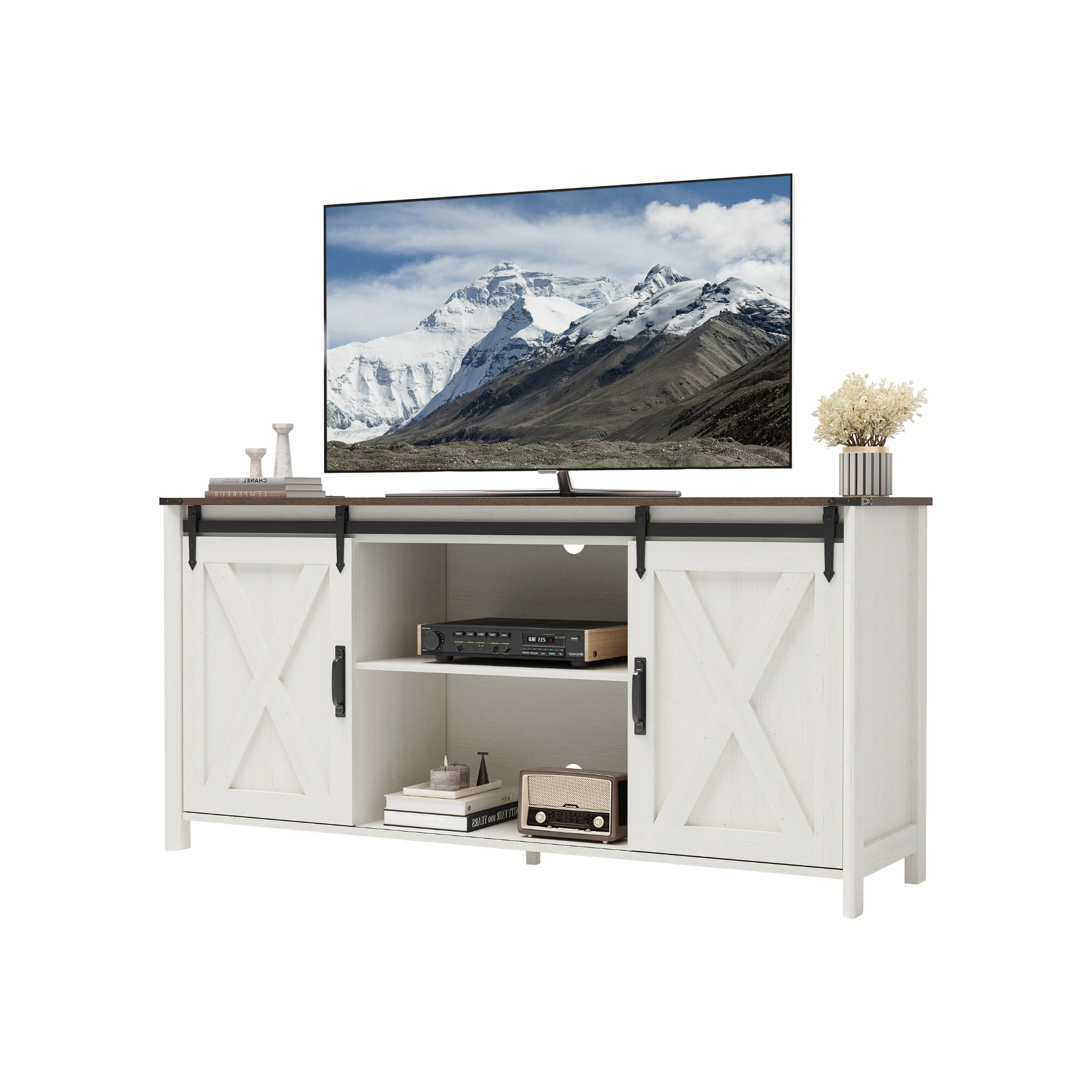 Innovar Modern Farmhouse TV Stand with Power Outlet for TV up to 65", Rustic Entertainment Center W/ Sliding Barn Door & Cabinet, Media TV Console Table with Adjustable Shelve for Living Room, Oak