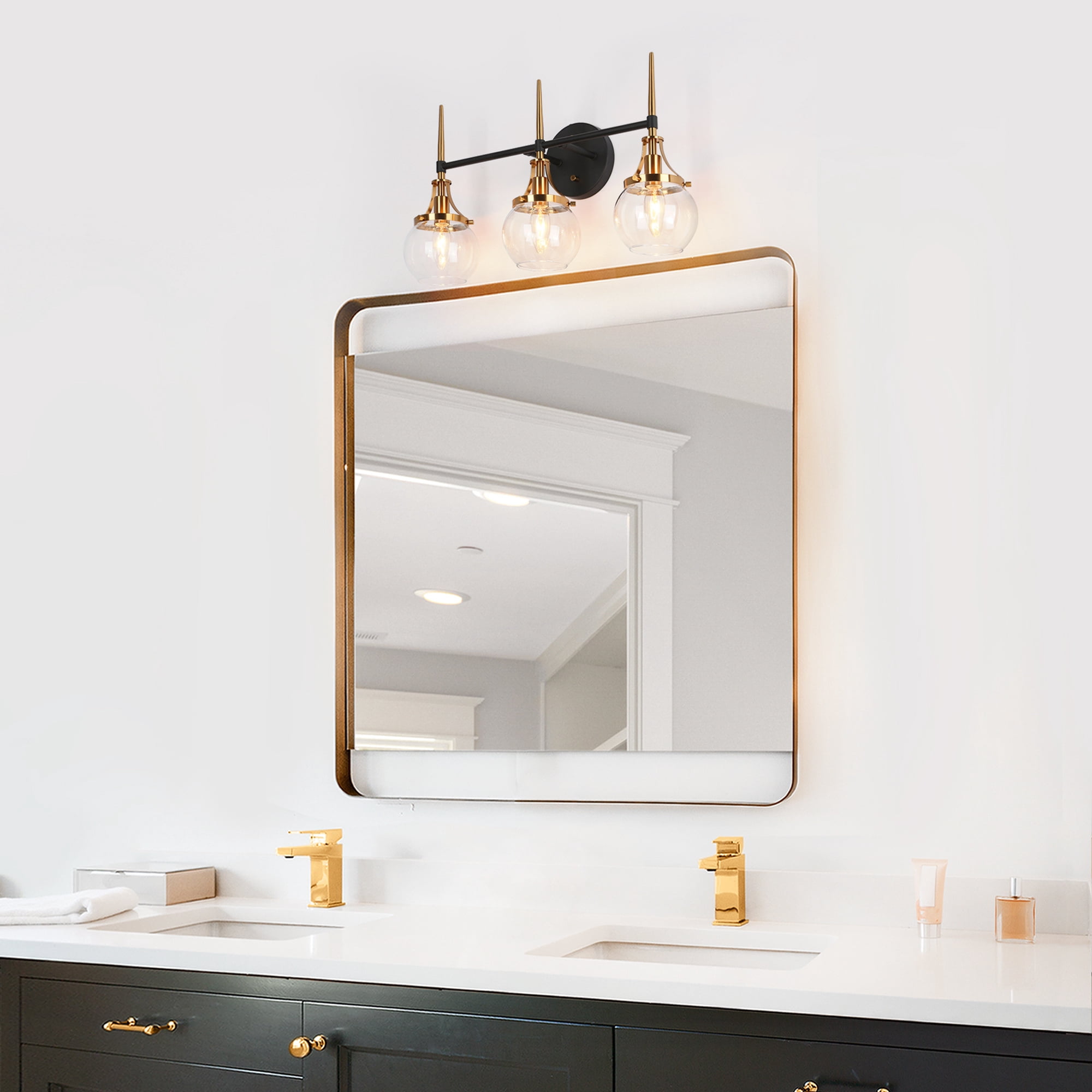LNC Modern 3-Light Black and Gold Vanity Light with Globe Glass, 22-Inch Bathroom Fixture
