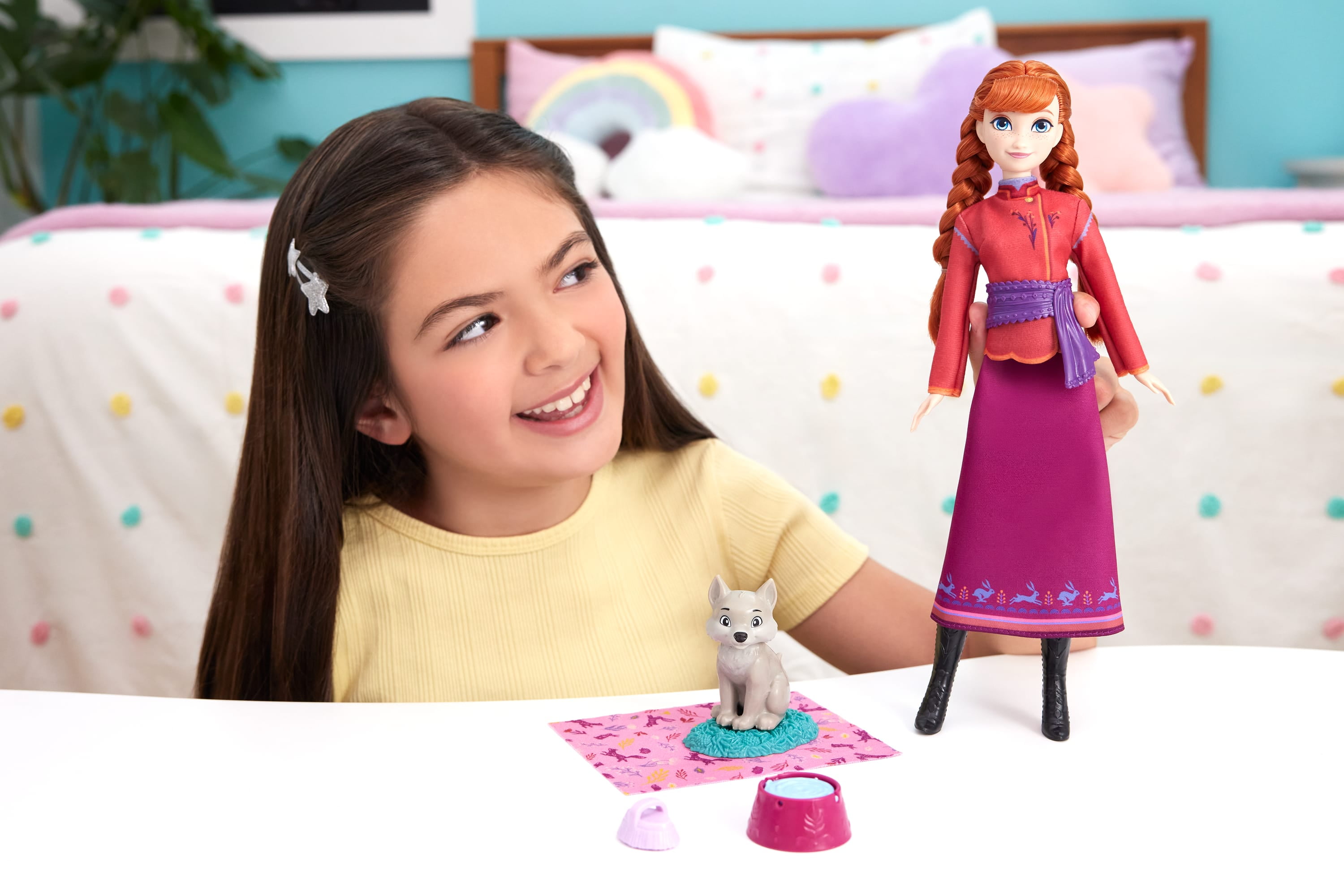 Disney Frozen Anna Fashion Doll & Wolf Cub Figure with 4 Nurturing Accessories Inspired by Movie
