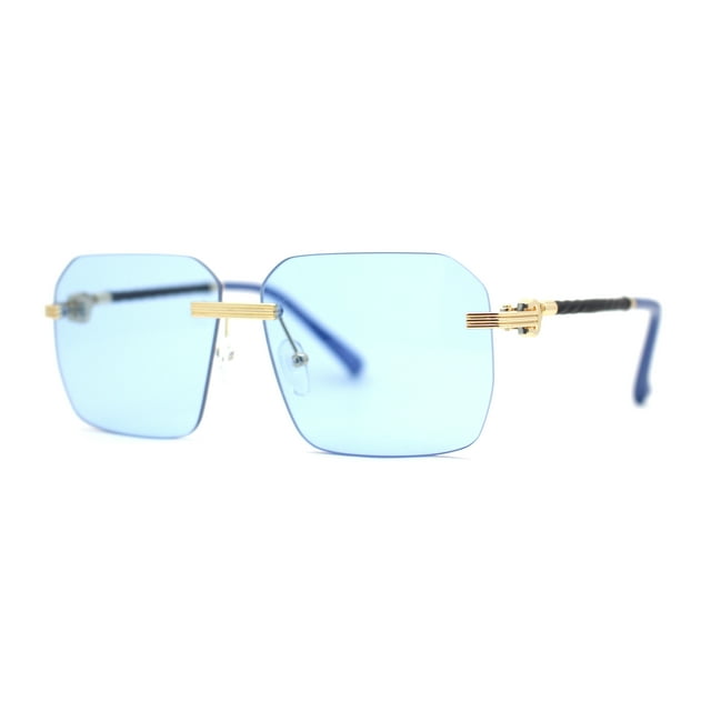 Mens Luxury Rimless Pimp Baller Rectangle Sunglasses Gold Blue