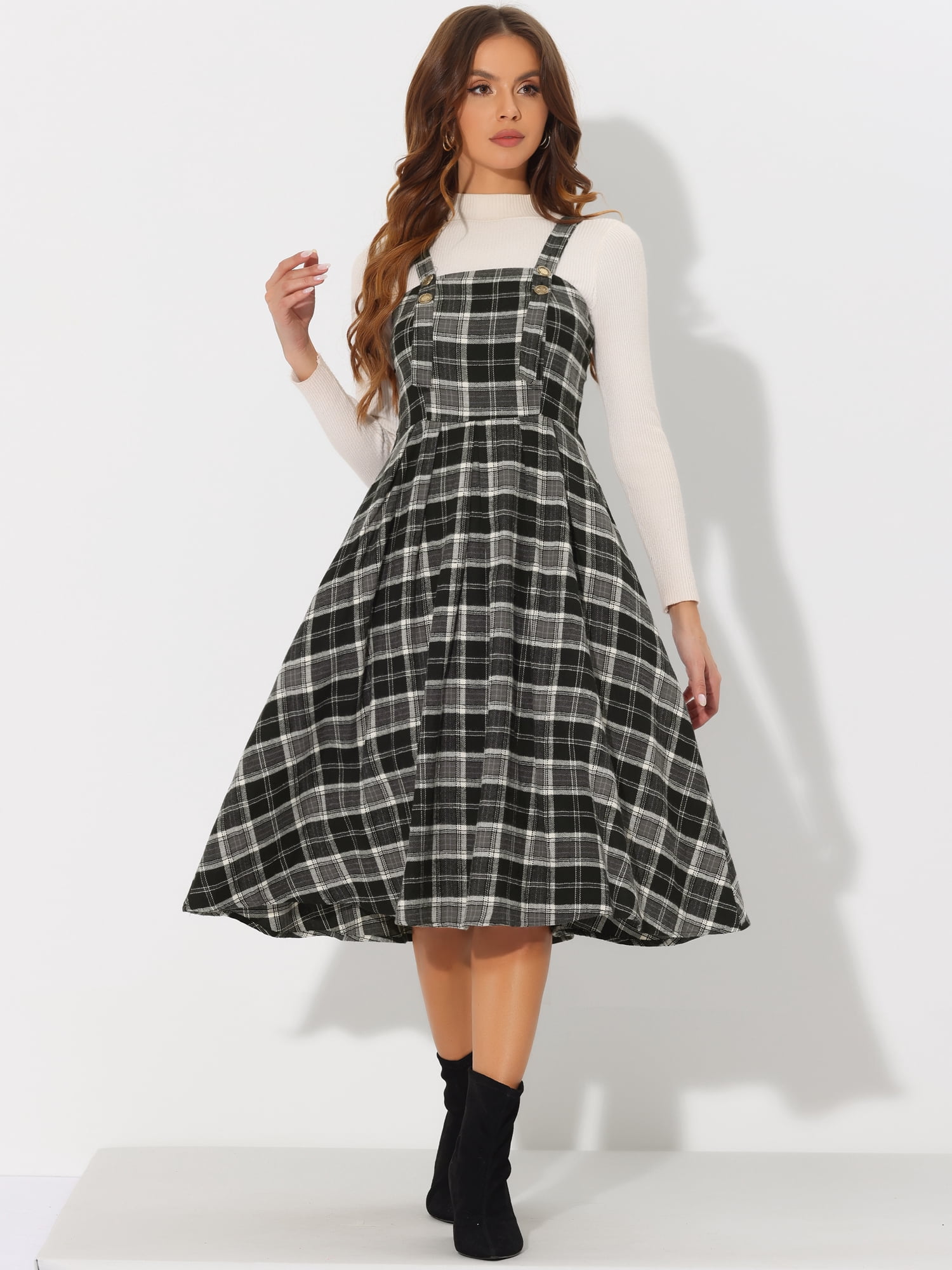 DARING DIVA Plaid Overalls Vintage Sleeveless A-Line Pinafore Dress S Black