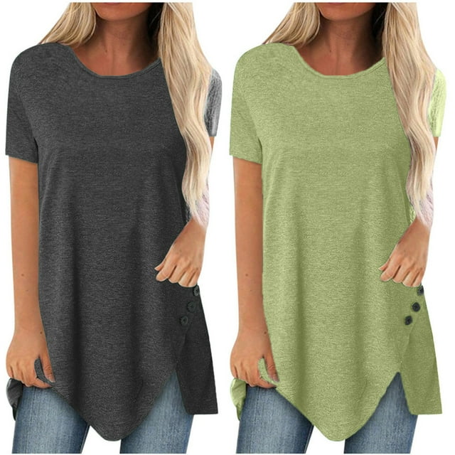 jovati Women Plus Size Button Solid Round Neck Short Sleeve Irregular T-Shirt Blouse Tops,Summer Plus Size Loose Fitting Tops For Women Clearance Sale