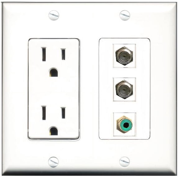RiteAV - 15 Amp Power Outlet 1 Port RCA Green 2 Port Coax Decorative Wall Plate