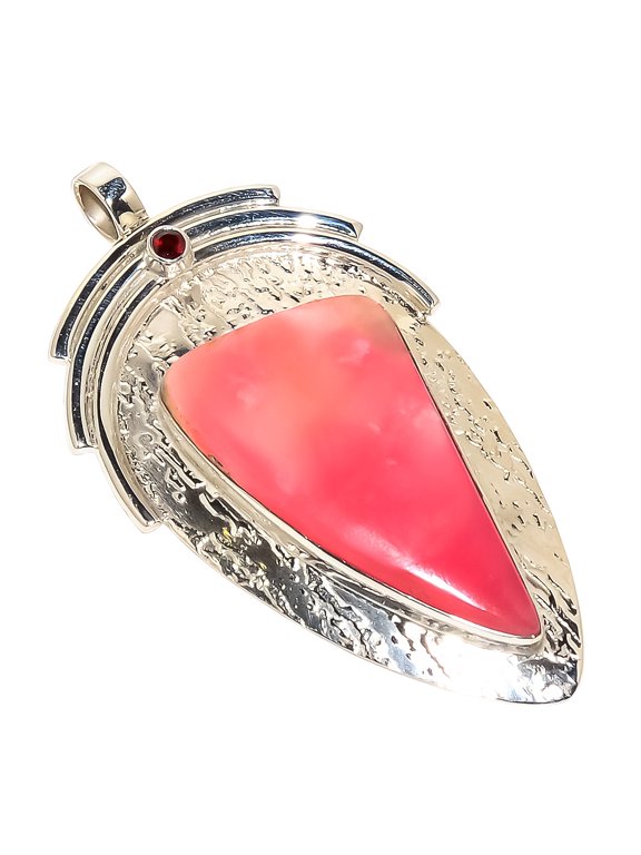 Peruvian Pink Opal & Garnet Solid 925 Sterling Silver Pendant Size 2.36"Natural Pendant, Pink Pendant, 925 Silver Pendant, Opal Pendant, Triangular Pe