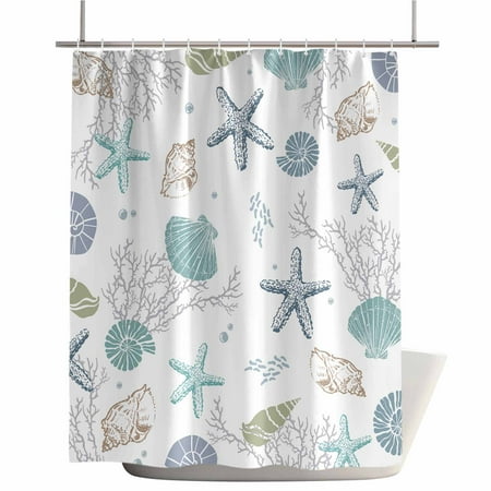 Shower Curtains for Bathroom-72"x84",Nautical Beach Starfish Shell Coral Waterproof Bath Curtain Grommet Shower Curtain Set with Hooks,Coastal Marine Life Washable Bath Accessories