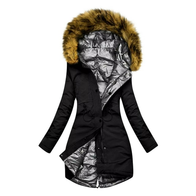 LOVZFMLL Jackets for Women's Fashionable Hooded Drawstring Collar Long Winter Parka Coat Solid Color Coat