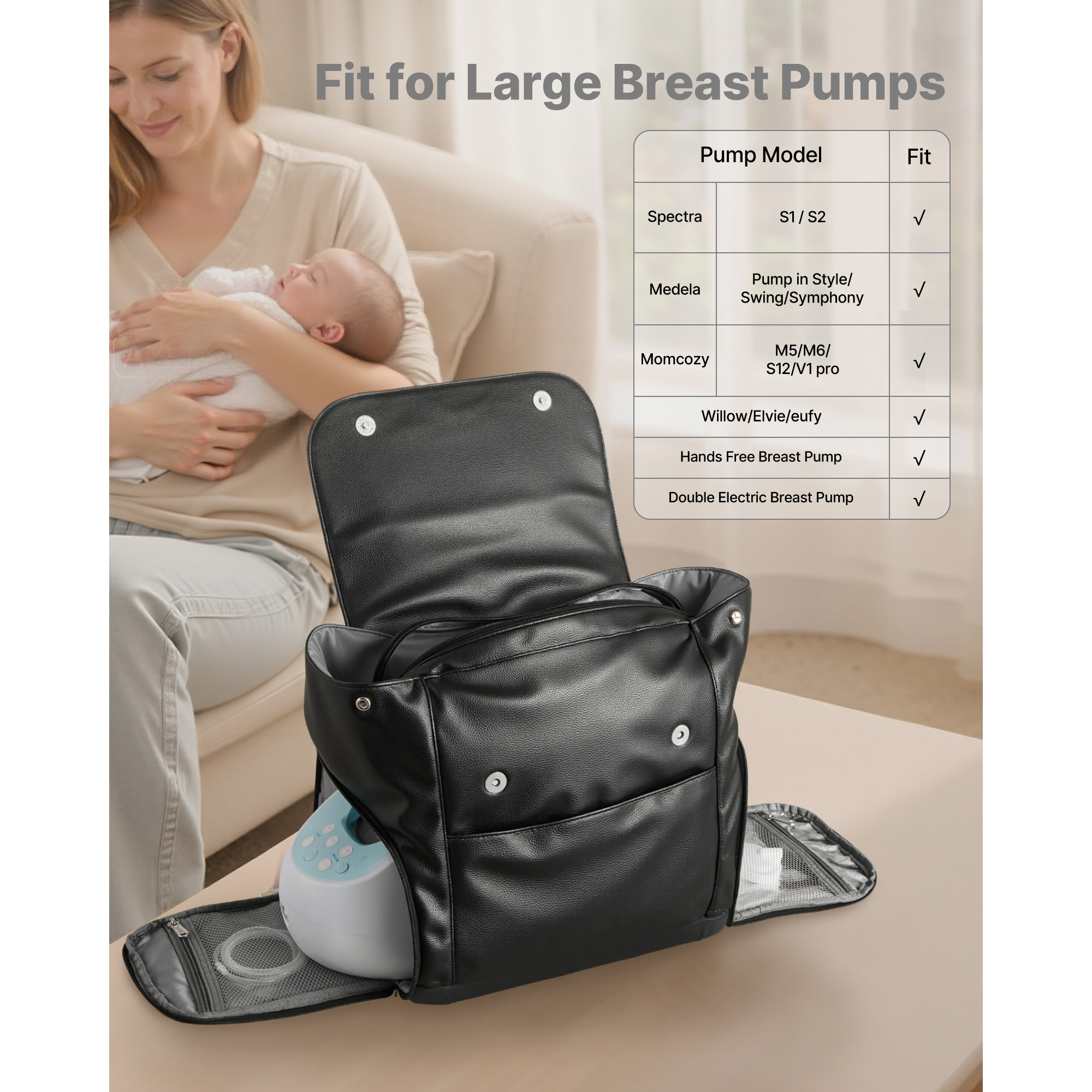 KFFKFF Breast Pump Backpack, Portable Breastfeeding Bag with Ice Pack, Compatible with S1/s2,12.6 x 7.9 x 13.4 in, Black